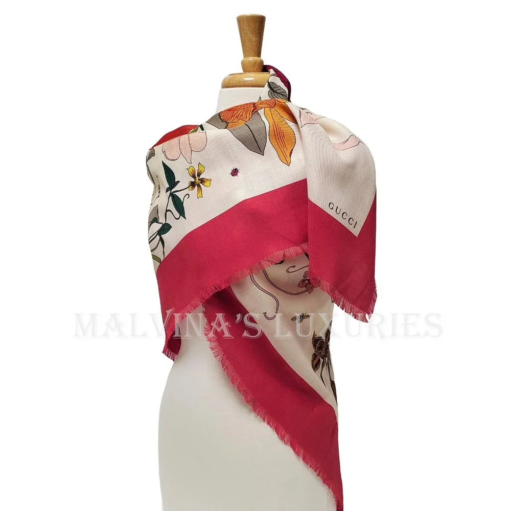 GUCCI SCARF MISS FLORA PRINT SHAWL WOOL SILK PINK BORDER SQUARE sz 55" - Picture 6 of 13